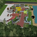 Scenic Commercial Street With Lush Greenery Colorful Buildings And Lakeside Dining Area