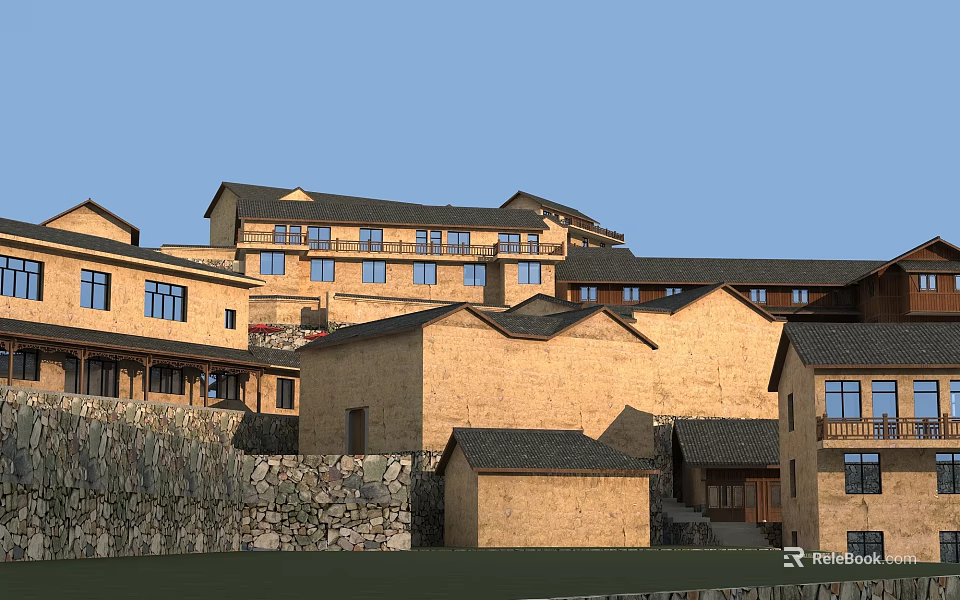 Traditional Multi Story Village Swing Doors With Stone Walls And Black Tiled Roofs 3d model 