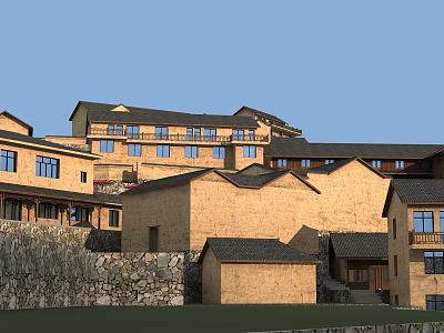 Traditional Multi Story Village Swing Doors With Stone Walls And Black Tiled Roofs 3d model