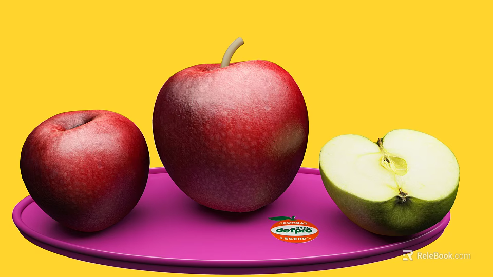 Red Apples and Cut Green Apple on Purple Plate with Yellow Background and Del Monte Label 3d model 