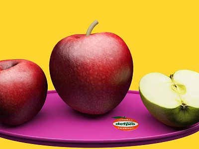 Red Apples and Cut Green Apple on Purple Plate with Yellow Background and Del Monte Label 3d model
