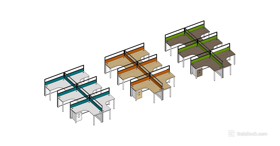 Modular Office Workstations With Multiple Colors And Partition Designs 3d model 
