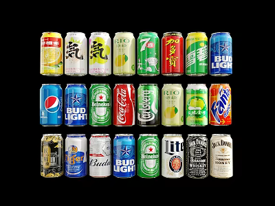 Assorted Canned Beverages With Various Brands And Colorful Designs On 3d model