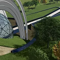 Modern Architectural Structure With White Curved Arches Geodesic Glass Dome Green Roof And Surrounding Trees