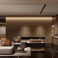Modern Hotel Public Lounge Area With Beige Sofas Wooden Panel Walls And Coffee Tables