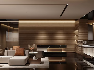 Modern Hotel Public Lounge Area With Beige Sofas Wooden Panel Walls And Coffee Tables 3d model