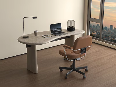 Stylish Home Office Desk With Laptop Table Lamp Coffee Cup And City Sunset View 3d model
