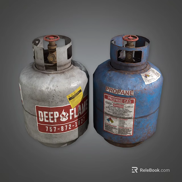 Gray And Blue Propane Tanks With Deep Flame Label And LPG Gas 3d model 
