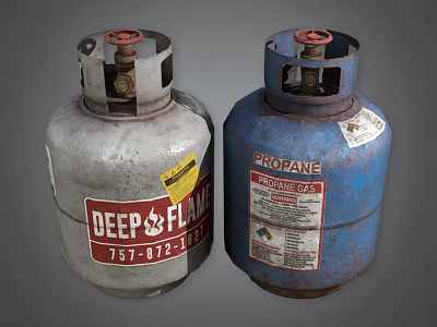 Gray And Blue Propane Tanks With Deep Flame Label And LPG Gas 3d model