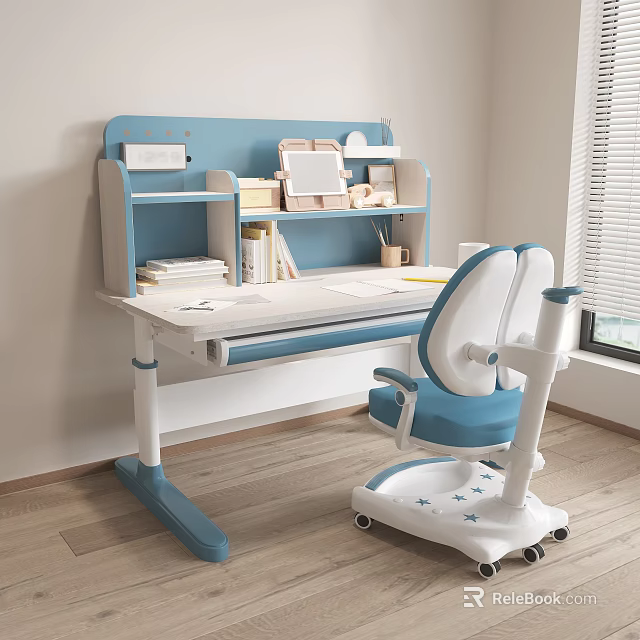 Adjustable Kids Desk With Blue Bookshelf Star Pattern Chair And Storage For Study Room 3d model 