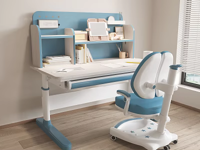 Adjustable Kids Desk With Blue Bookshelf Star Pattern Chair And Storage For Study Room 3d model