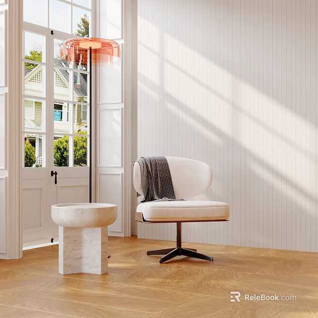 Modern Interior With Beige Accent Chair Wooden Floor Orange Pendant Light And Outdoor View 3d model 