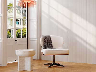 Modern Interior With Beige Accent Chair Wooden Floor Orange Pendant Light And Outdoor View 3d model