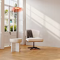 Modern Interior With Beige Accent Chair Wooden Floor Orange Pendant Light And Outdoor View