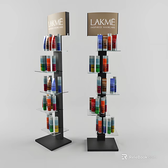 Lakme Brand Display Stand With Multiple Shelves And Colorful Cosmetic Bottles 3d model 