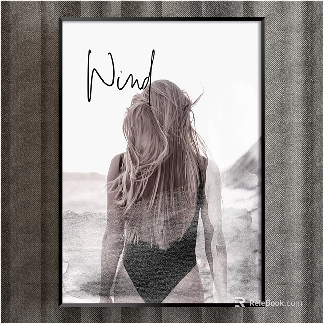 Black and White Figure Painting of Blonde Woman with Wind Blown Hair and Seaside Background 3d model 