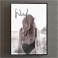 Black and White Figure Painting of Blonde Woman with Wind Blown Hair and Seaside Background