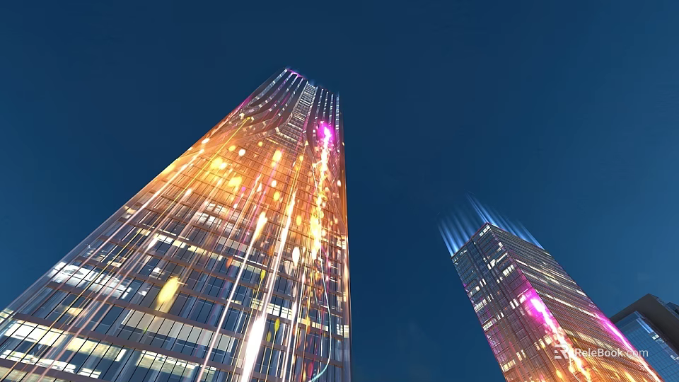 Illuminated Tall Glass Buildings Against Dark Sky Urban Night Landscape View 3d model 