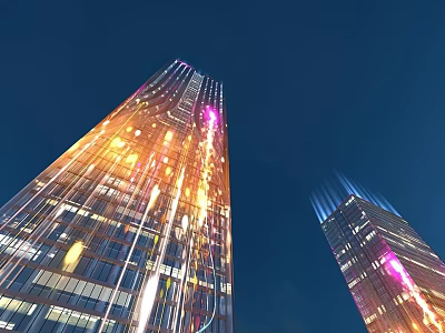 Illuminated Tall Glass Buildings Against Dark Sky Urban Night Landscape View 3d model