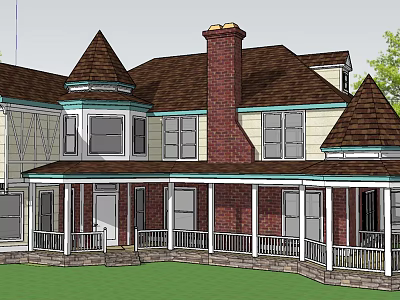Single Family House With Red Brick Chimney Brown Roof Turret White Rail Porch Green Lawn 3d model