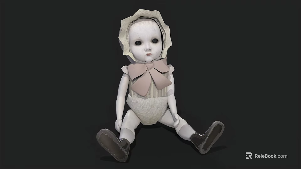 Classic White Doll With Ruffled Bonnet Pink Bow And Striped Onesie On Dark Background 3d model 
