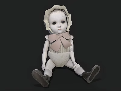 Classic White Doll With Ruffled Bonnet Pink Bow And Striped Onesie On Dark Background 3d model
