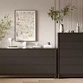 Modern Dark Console Cabinet And Sideboard With Green Plants Vases Books On Vertical Striped Wall