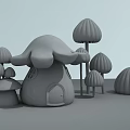 Cartoon Scene With Beige Mushroom House Pink Blue Small Houses And Green Purple Trees