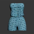 Blue Polka Dot Strapless Romper With Ruffled Top And Drawstring Waist