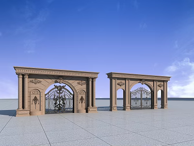 European Style Ornate Wrought Iron Gates With Decorative Columns And Blue Sky Background 3d model