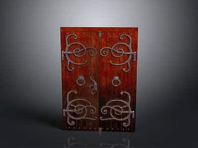 Vintage Wooden Double Doors With Intricate Metal Scrollwork And Handles 3d model