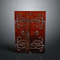 Vintage Wooden Double Doors With Intricate Metal Scrollwork And Handles