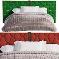 Double Bed with Red Green Hexagonal Headboards and Plaid Quilt White Pillows 3d model