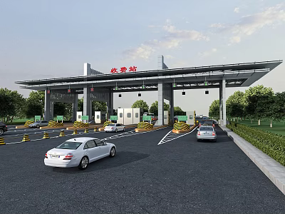 Toll Station With Cars Passing Through Lanes And Canopy Structure Surrounding Greenery 3d model