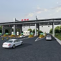 Toll Station With Cars Passing Through Lanes And Canopy Structure Surrounding Greenery