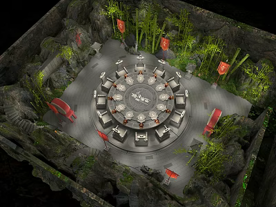 Cartoon Scene With Circular Dining Table Chairs Bamboo Red Flags And Green Plants 3d model