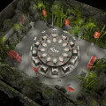 Cartoon Scene With Circular Dining Table Chairs Bamboo Red Flags And Green Plants