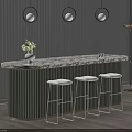 Bar Counter Featuring Marble Top Green Ribbed Cabinet Three White Stools And Round Pendant Lights