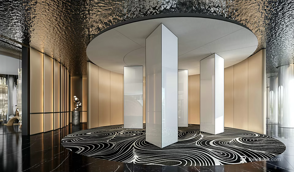 Modern Hotel Lobby Design With Circular Ceiling And Decorative White Columns On Patterned Floor 3d model
