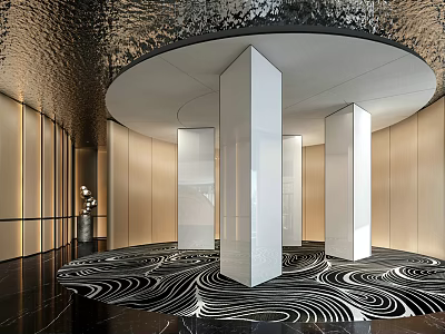 Modern Hotel Lobby Design With Circular Ceiling And Decorative White Columns On Patterned Floor 3d model