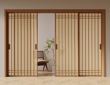 Quiet antique style sliding door rattan sliding door kitchen door balcony door rattan chair 3d model