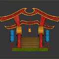 Traditional Japanese Torii Gate Structure With Wooden Bridge Lanterns Green Grass And Blue Water