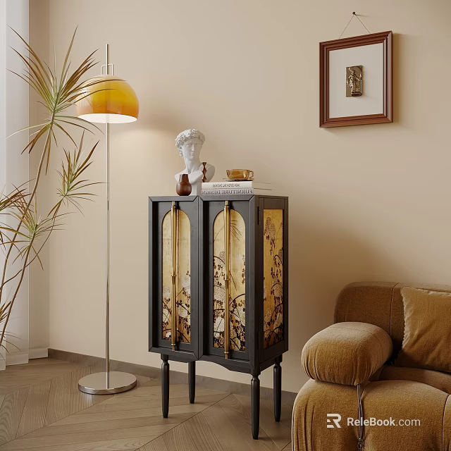 Modern Living Room Decorative Cabinet With Glass Doors Black Frame And Floor Lamp 3d model 