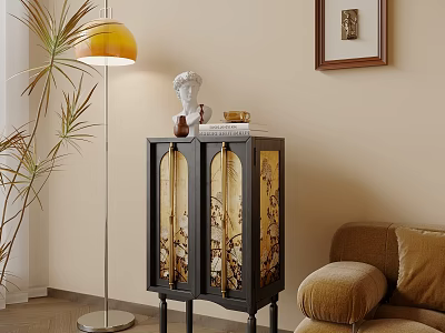 Modern Living Room Decorative Cabinet With Glass Doors Black Frame And Floor Lamp 3d model