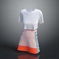 Stylish White Short Sleeve Top With Checkered Skirt Featuring Colorful Patterns And Orange Hem