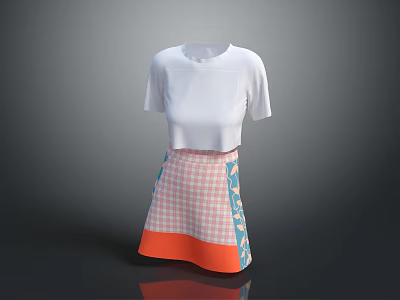 Stylish White Short Sleeve Top With Checkered Skirt Featuring Colorful Patterns And Orange Hem 3d model