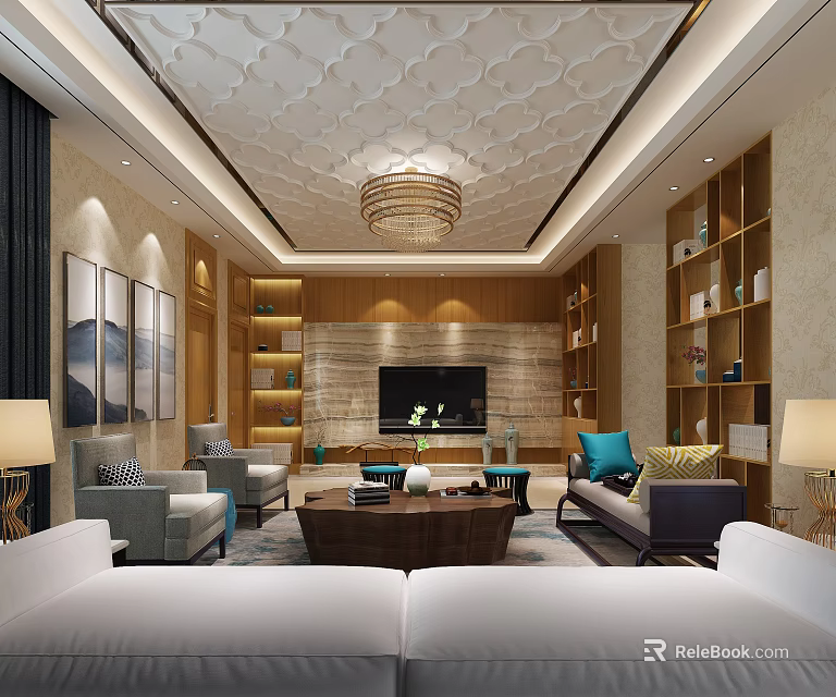 Modern Elegant Living Room Interior With Crystal Chandelier Textured Ceiling Stone TV Wall And Bookshelves 3d model 