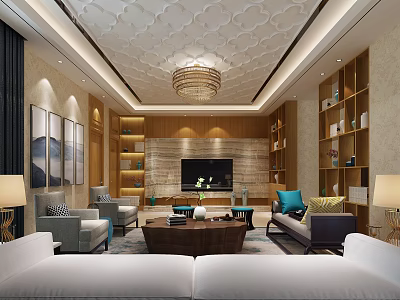 Modern Elegant Living Room Interior With Crystal Chandelier Textured Ceiling Stone TV Wall And Bookshelves 3d model