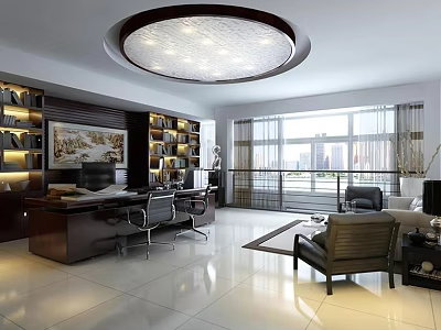 Modern Office Interior With Large Windows City View Bookshelves And Wooden Desk 3d model