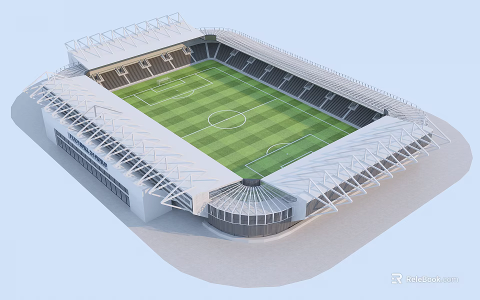 Modern Football Stadium Design With Green Turf White Roof And Gray Seating 3d model 